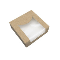 Caja pastelera kraft con tapa visagra con ventana de PLA 100x100mm H40mm