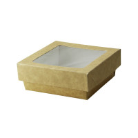 Caja cuadrada de cartón marrón con tapa ventana "Kray" 115x115mm H40mm 350ml