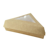 Caja triángular de cartón kraft con tapa ventana 155x130mm H45mm