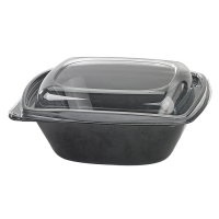 Square black PET salad bowl with transparent lid