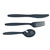 Kit couvert plastique PS noir "Majesty" 4 en 1: couteau fourchette cuillère serviette