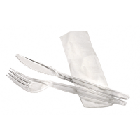 Kit couvert plastique PS transparent “Lux” 3 en 1: couteau fourchette serviette