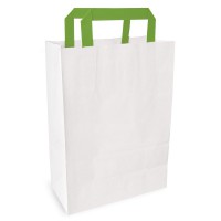 White recycled paper carrier bag with green handles