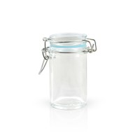 Mini tarro redondo transparente de vidrio con cierre silicona celeste