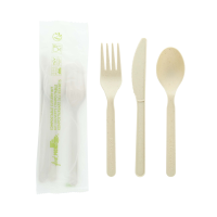 Kit de tenedores de bambú y CPLA 3/1: Cuchillo, tenedor, cuchara, envoltorio kraft con funda compost