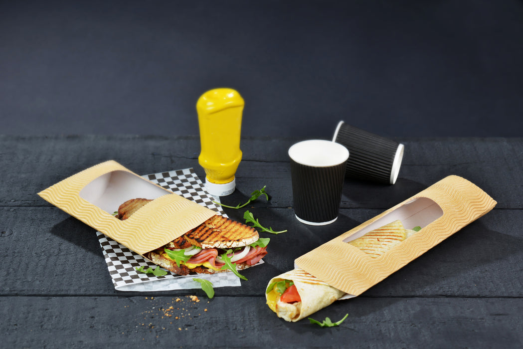 Envase rectangular de papel ondulado con ventana para sándwiches calientes 230x110mm H55mm