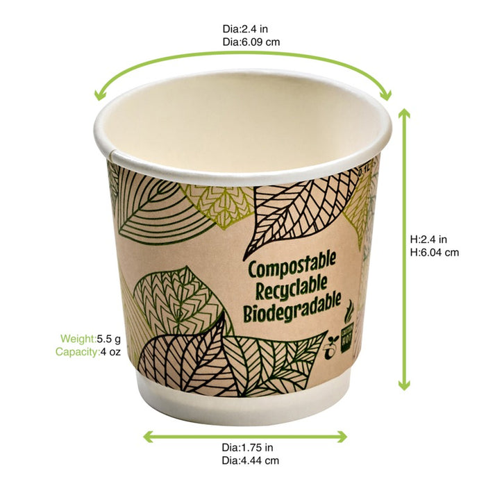 Vaso de cartón kraft con decoración de hojas de doble pared con laminado PLA H60mm 120ml