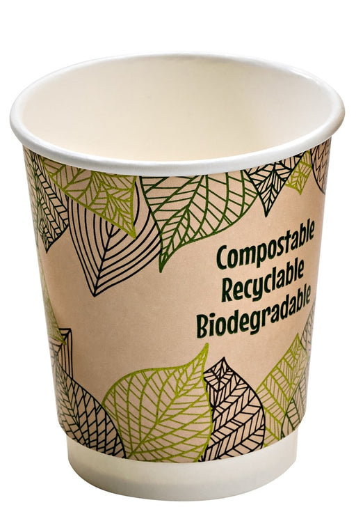 Vaso de cartón kraft con decoración de hojas de doble pared con laminado PLA H90mm 230ml
