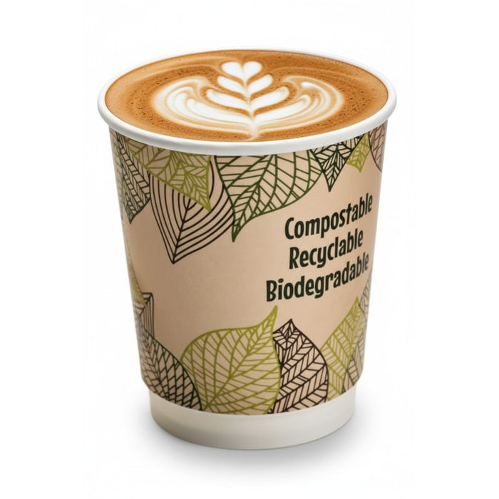 Vaso de cartón kraft con decoración de hojas de doble pared con laminado PLA H90mm 230ml