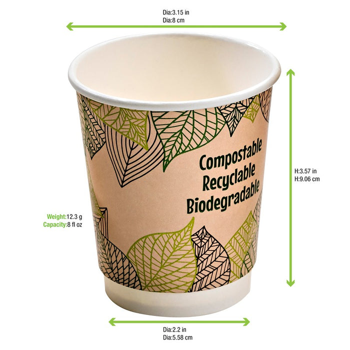 Vaso de cartón kraft con decoración de hojas de doble pared con laminado PLA H90mm 230ml