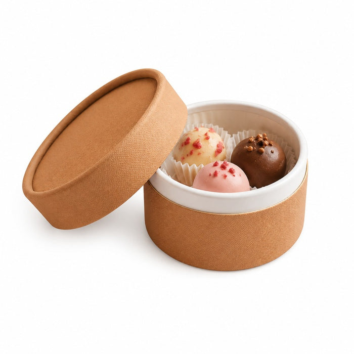 Caja tubo de cartón kraft, tapa, forro blanco H55mm 200ml