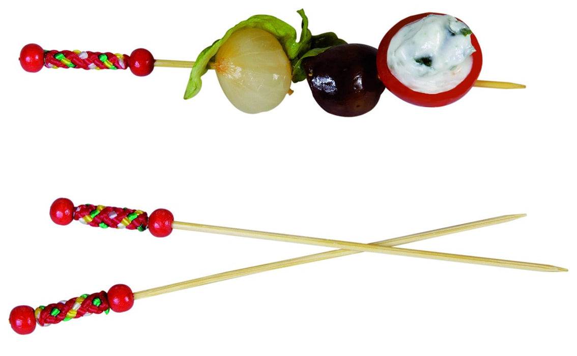 Pincho de bambú Fuji con extremo decorativo rojo 112mm - 2000Uds