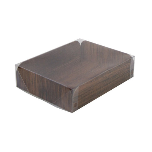 Bandeja rectangular de cartón gobrado decoración efecto madera a doble cara+tapa PET 152,4x203,2mm A50,8mm - 100Uds