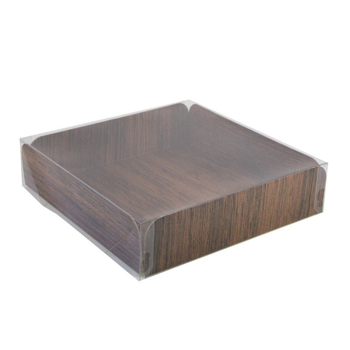 Bandeja cuadrada de cartón gofrado decoración efecto madera a doble cara+tapa PET 254x254mm A63,5mm - 100Uds