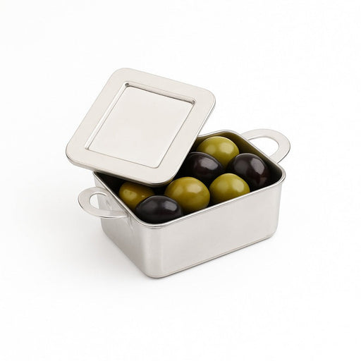Mini cazuela rectangular plateada con tapa en PS 95x53mm A35mm - 144Uds