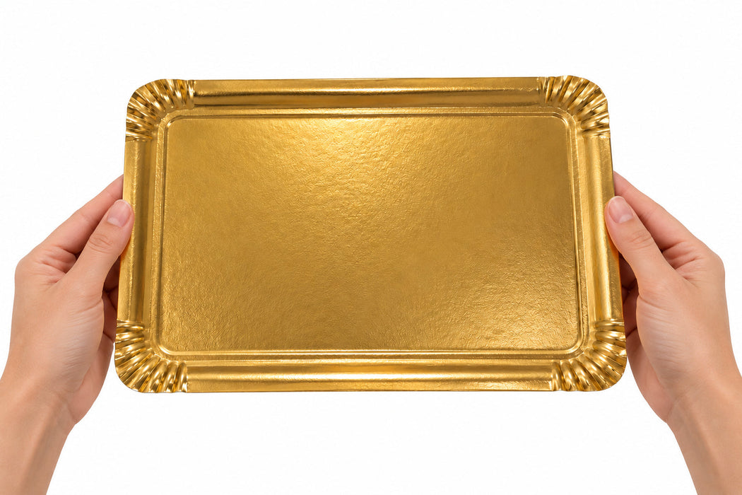 Bandeja de cartón de doble cara, parte superior dorada/inferior blanca 190x280mm - 100Uds