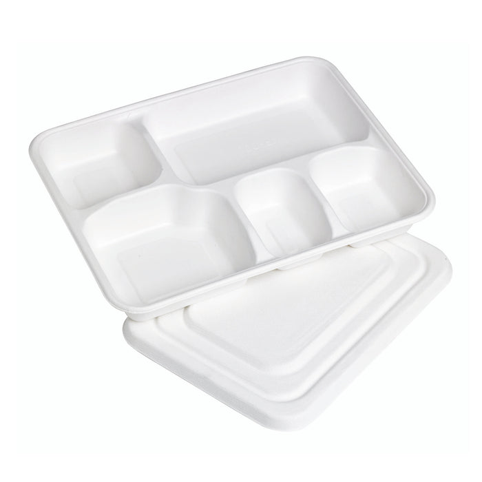 Combo bandeja de pulpa blanca 5 compartimentos con tapa 282x220mm A37,5mm - 200Uds