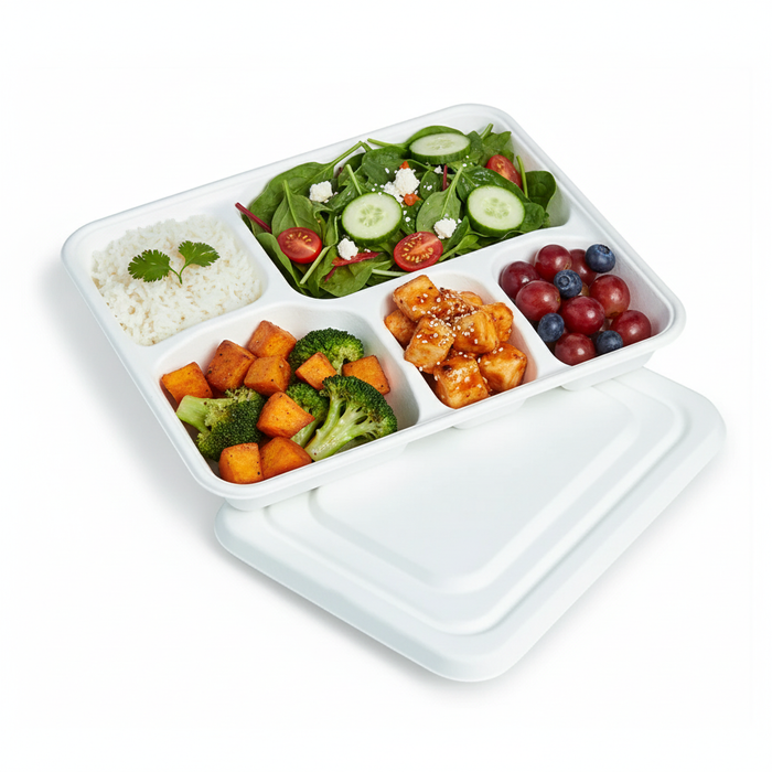 Combo bandeja de pulpa blanca 5 compartimentos con tapa 282x220mm A37,5mm - 200Uds