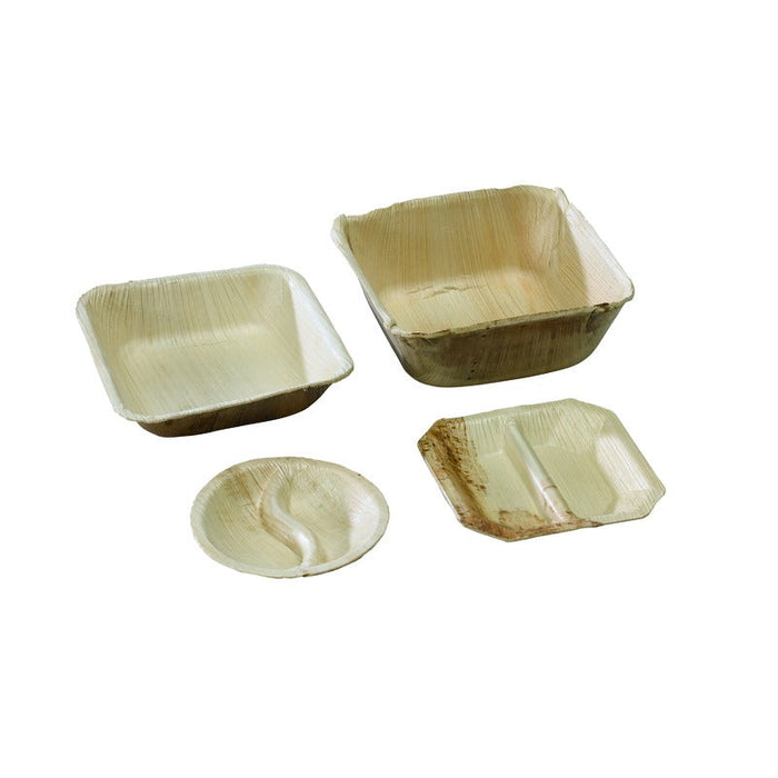 Mini plato de hoja de palmera con 2 compartimentos 100x100mm A15mm - 100Uds