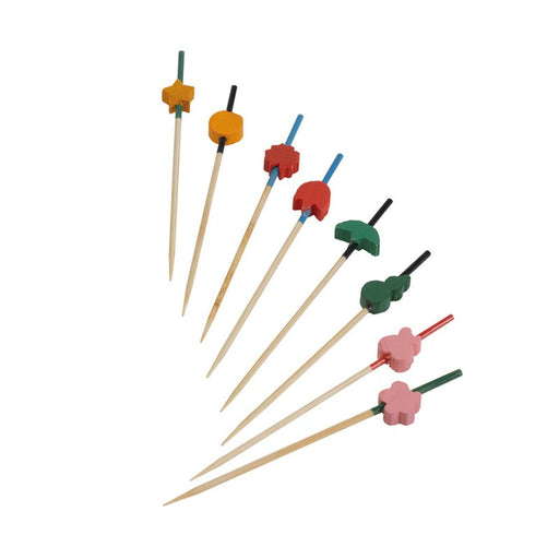 Pincho de bambú con varios diseños y colores en el extremo 90mm - 2000Uds