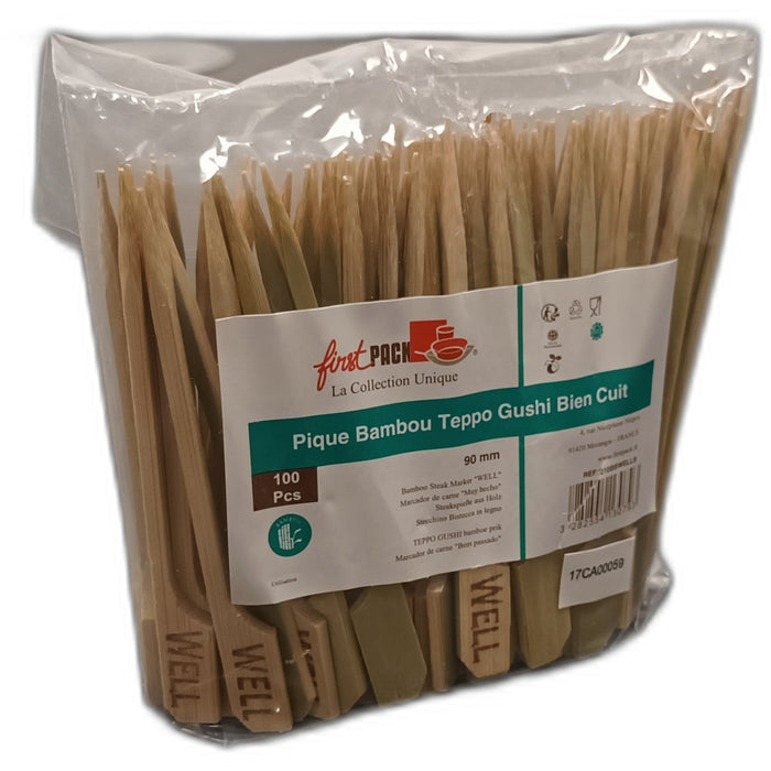 Pincho de bambú Teppo Gushi para carne con inscripción Well (bien hecho) 90mm - 1000Uds