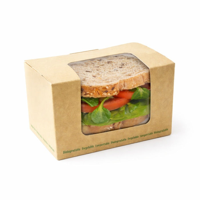 Caja bocadillo cartón kraft laminada con ventana PLA 125x77mm A72mm - 500Uds