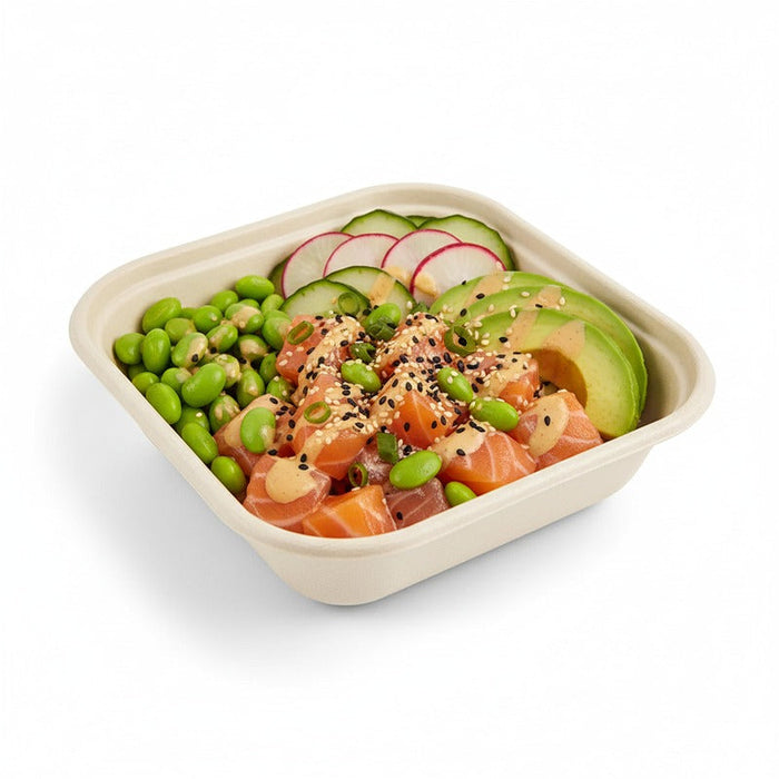 Bandeja de pulpa rectangular laminada PLA marrón 800ml 163x163mm A40mm - 300Uds