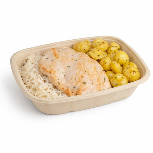 Bandeja de pulpa rectangular laminada PLA marrón 1000ml 214x157mm A46mm - 300Uds