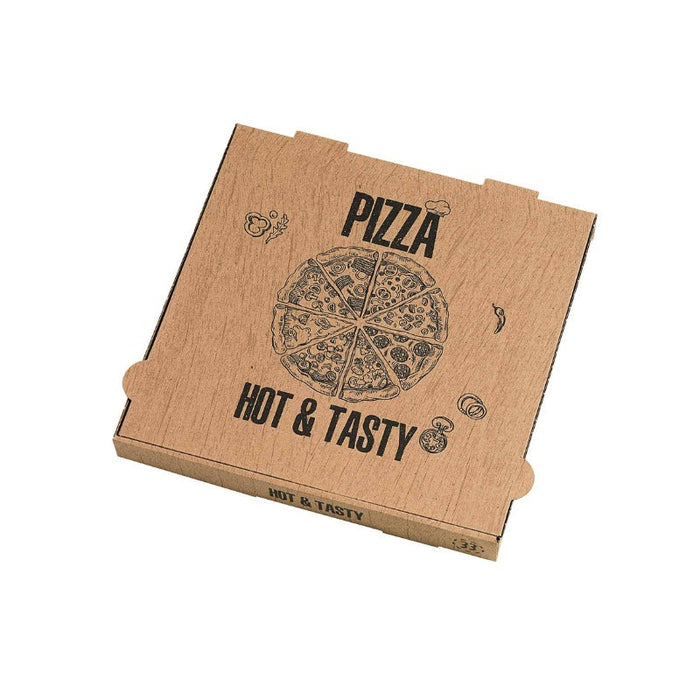 Caja de cartón pizza decorada "Hot and Tasty" 290x290mm H40mm - 100Uds