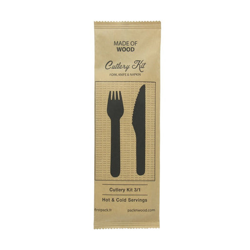 Kit cubiertos de madera 3/1: Cuchillo, tenedor, servilleta con funda kraft A165mm - 250Uds