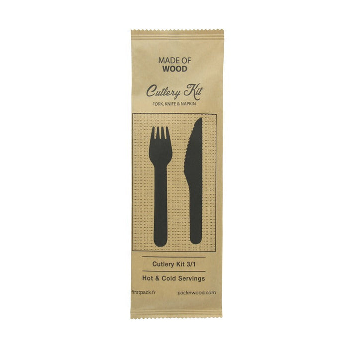 Kit cubiertos de madera 3/1: Cuchillo, tenedor, servilleta con funda kraft A165mm - 250Uds