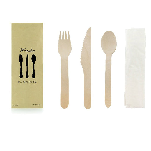 Kit cubiertos de madera 4/1: Cuchillo, tenedor, cuchara grande, servilleta con funda kraft A165mm - 250Uds