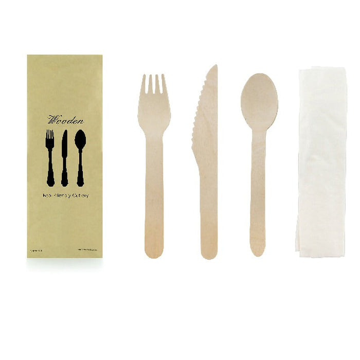 Kit cubiertos de madera 4/1: Cuchillo, tenedor, cuchara grande, servilleta con funda kraft A165mm - 250Uds