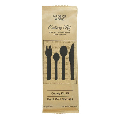Kit cubiertos de madera 5/1: Cuchillo, tenedor, cuchara pequeña y grande, servilleta con funda kraft A165mm - 250Uds