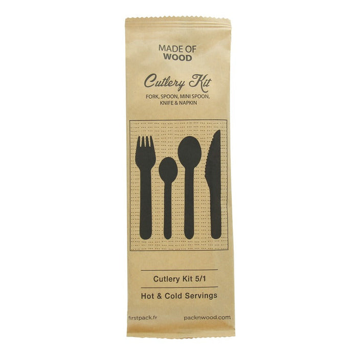 Kit cubiertos de madera 5/1: Cuchillo, tenedor, cuchara pequeña y grande, servilleta con funda kraft A165mm - 250Uds