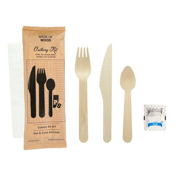 Kit cubiertos de madera 6/1: Cuchillo, tenedor, cuchara, servilleta, sal&pimienta con funda A165mm - 250Uds