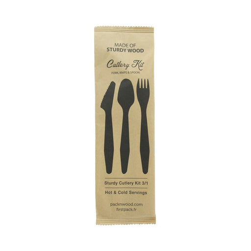 Kit 3/1 cubiertos de madera HERCULES: Cuchillo, tenedor, cuchara, envoltorio kraft A185mm - 250Uds