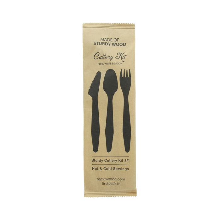 Kit 3/1 cubiertos de madera HERCULES: Cuchillo, tenedor, cuchara, envoltorio kraft A185mm - 250Uds