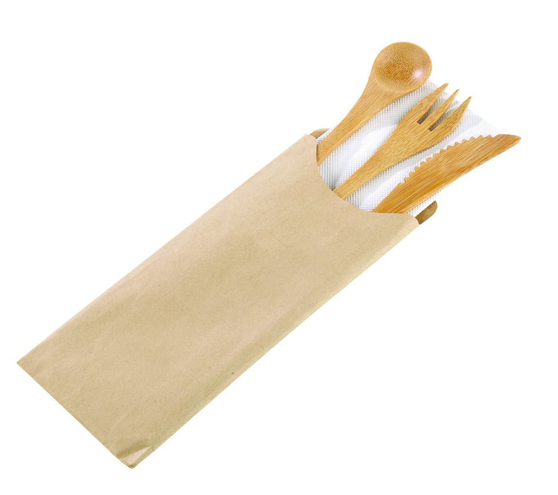 Kit 4/1 cubierto Bambú: Cuchillo, tenedor, cuchara y servilleta, envoltorio kraft A160mm - 250Uds