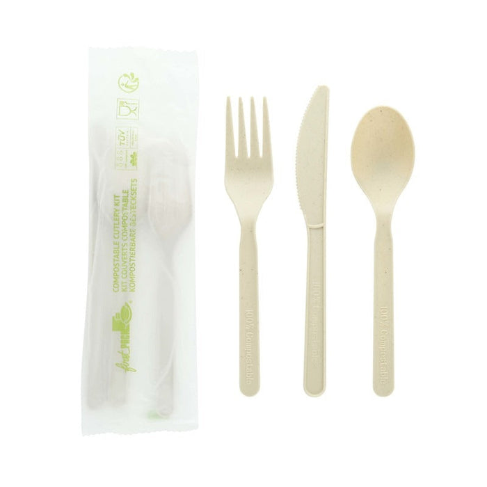 Kit de tenedores de bambú y CPLA 3/1: Cuchillo, tenedor, cuchara, envoltorio kraft H150mm - 500Uds