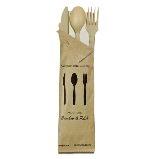 Kit 4/1 cubiertos de bambú y CPLA 4/1: Cuchillo, tenedor, cuchara y servilleta, envoltorio kraft 220x63mm - 250Uds
