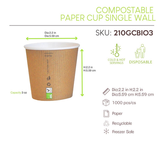 Vaso Nature Cup de cartón kraft estriado 90ml A52mm - 1000Uds