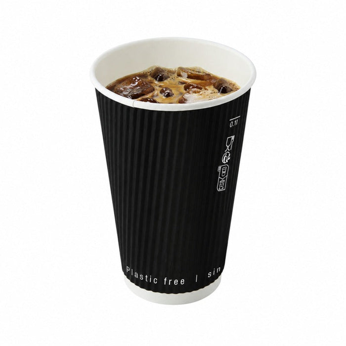 Vaso Rippley de cartón corrugado negro de doble pared sin plástico, base agua H110mm 350ml - 500Uds