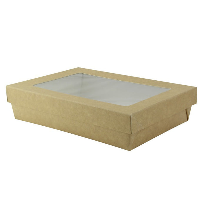 Caja rectangular de cartón marrón con tapa ventana KRAY 1500ml 225x155mm A53mm - 200Uds