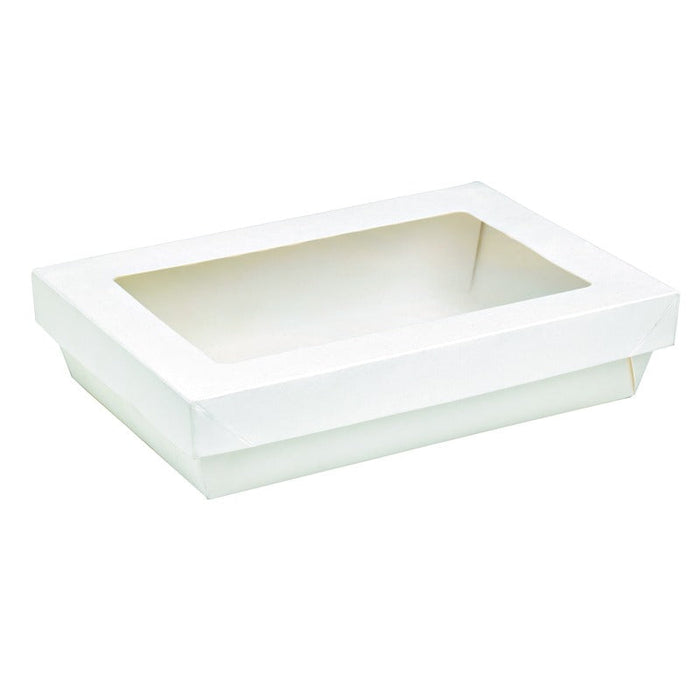 Caja rectangular de cartón blanco con tapa ventana KRAY 1500ml 225x155mm A50mm - 200Uds