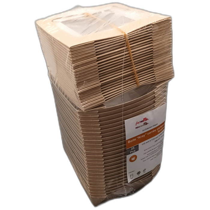 Caja cuadrada de cartón marrón con tapa ventana KRAY 350ml 115x115mm A40mm - 250Uds