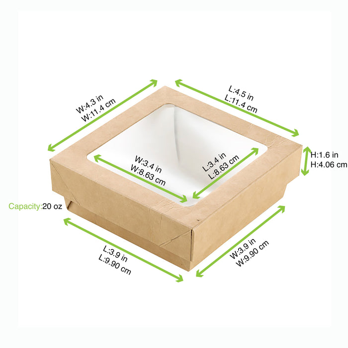 Caja cuadrada de cartón marrón con tapa ventana KRAY 350ml 115x115mm A40mm - 250Uds