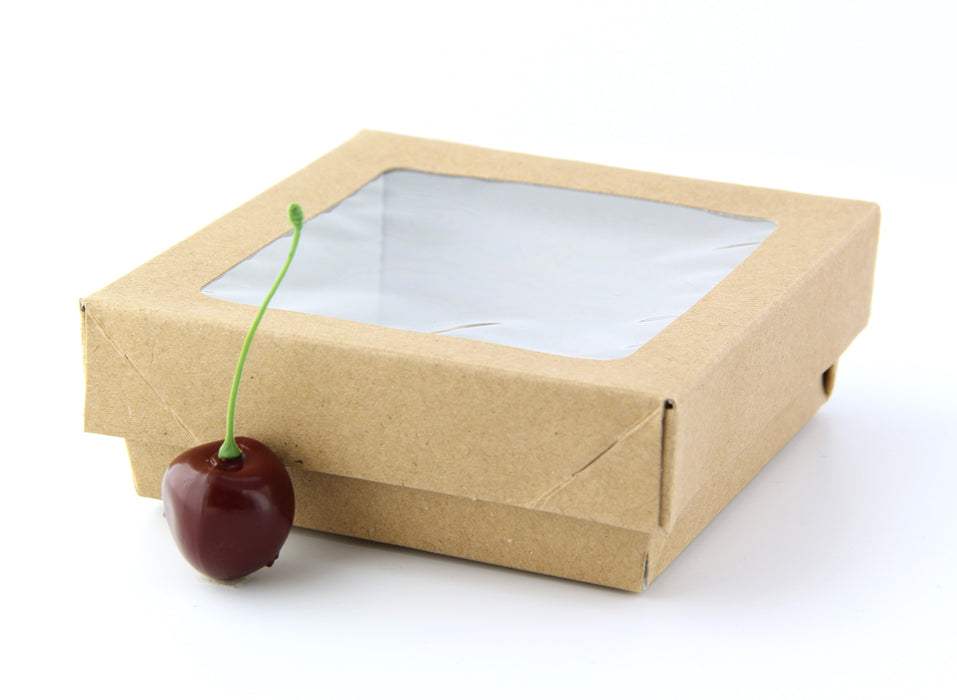 Caja cuadrada de cartón marrón con tapa ventana KRAY 350ml 115x115mm A40mm - 250Uds