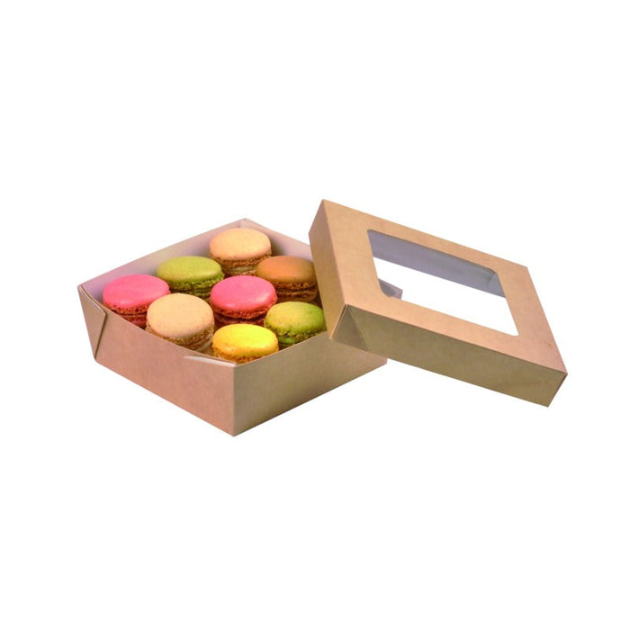 Caja cuadrada de cartón marrón con tapa ventana KRAY 700ml 135x135mm A50mm - 250Uds