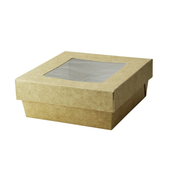Caja cuadrada de cartón marrón con tapa ventana KRAY 700ml 135x135mm A50mm - 250Uds